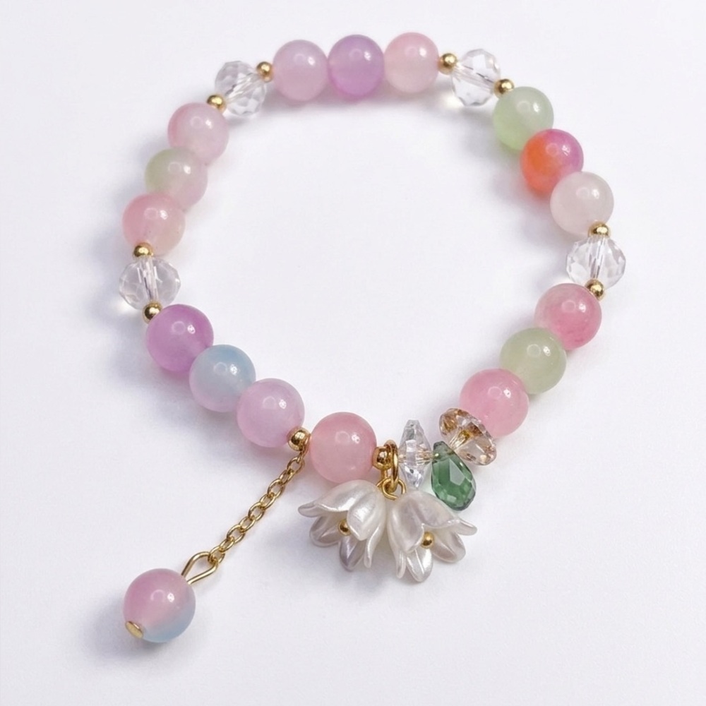 Pastel Beaded Stretch Bracelet with Flower Charm - Pink Multicolor